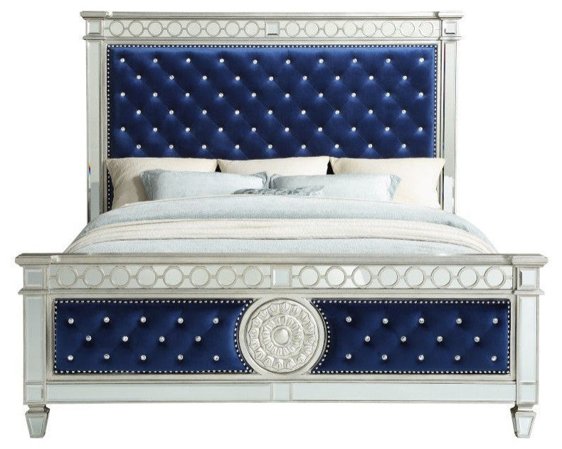 ACME Varian Queen Bed, Blue Velvet and Mirrored