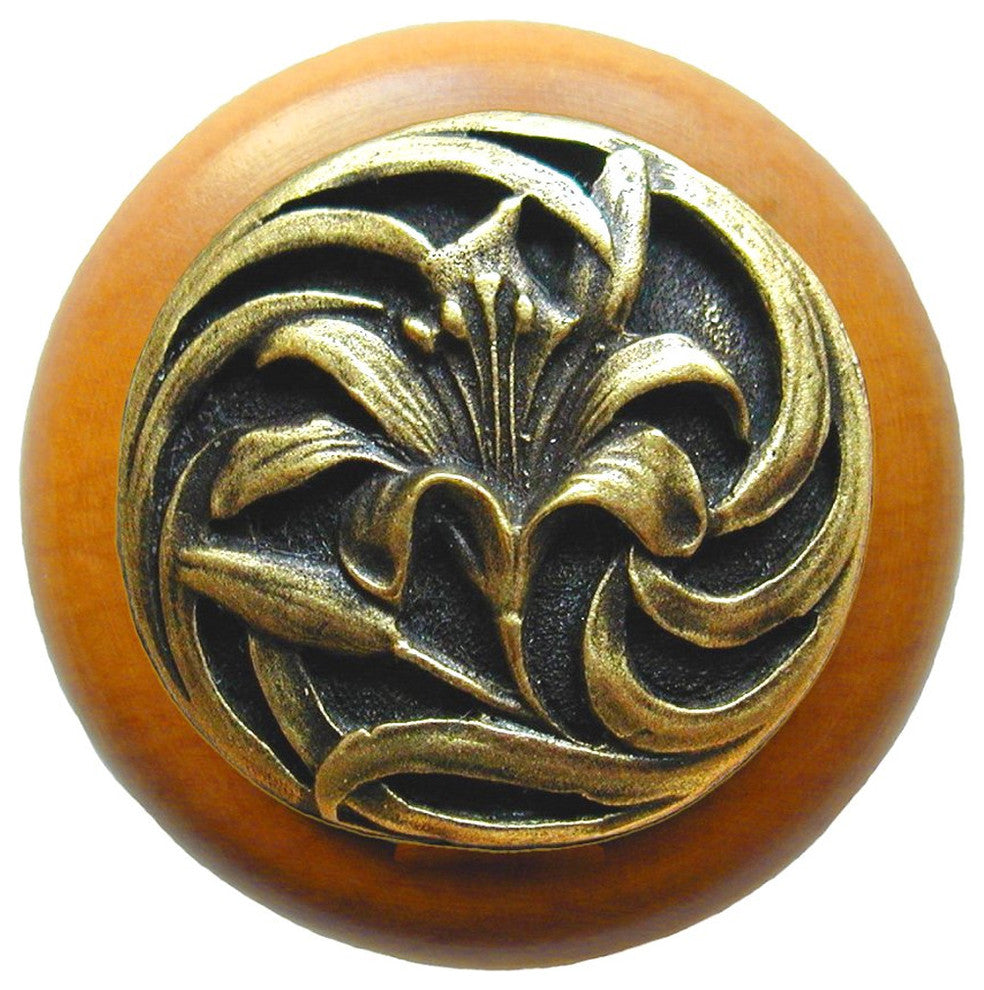 Tiger Lily Wood Knob, Antique Brass, Maple Wood Finish, Antique Brass