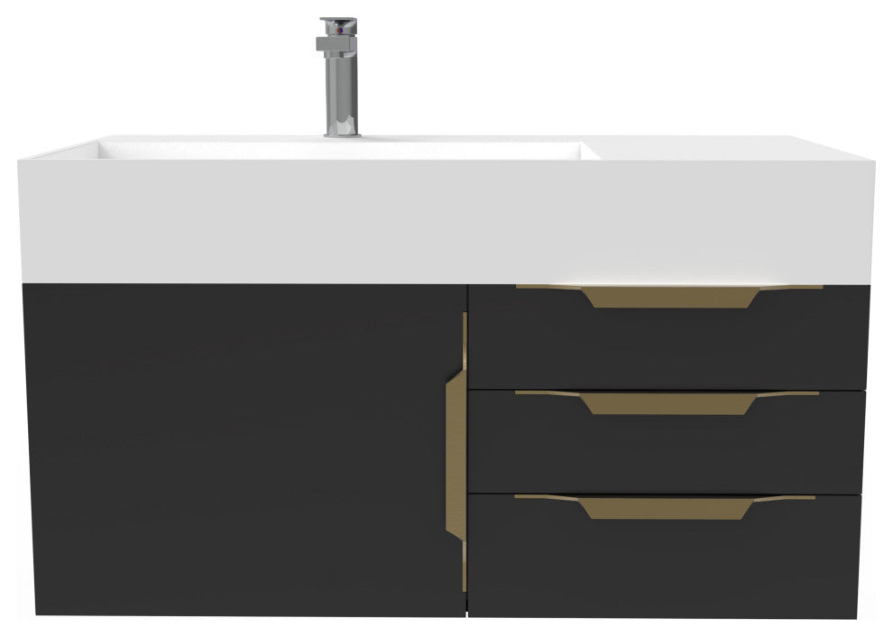 CastelloUSA Amazon 36" Wall Mount Vanity Set, Black, White Top, Gold Handles