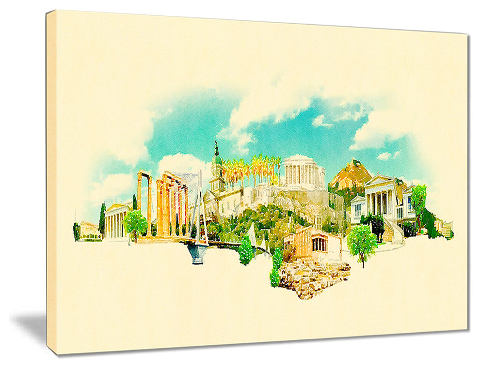 "Athens Panoramic View" Cityscape Watercolor Canvas Print, 20"x12"