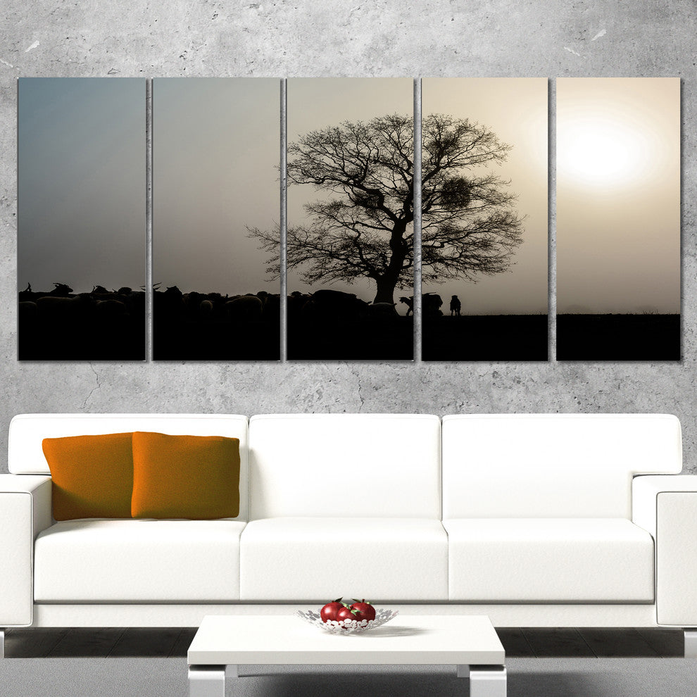 "Frosty Spring Morning Sunrise With Tree" Landscape Wall Artwork, 5 Panels
