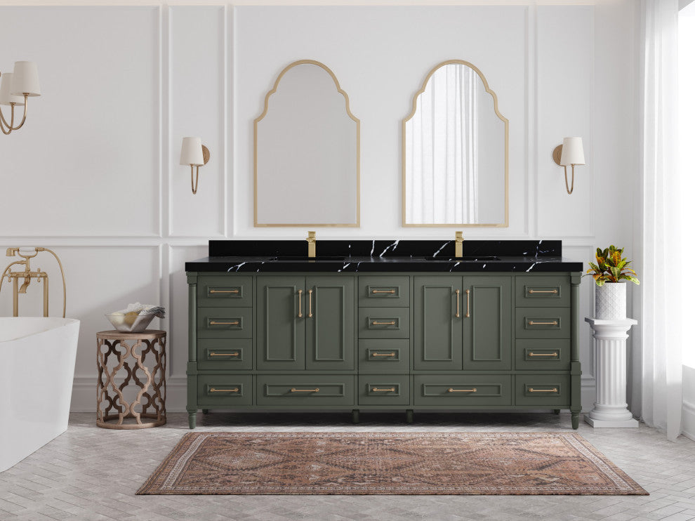 Aberdeen 84 Double Sink Bath Vanity in Pewter Green 2" Calacatta Black