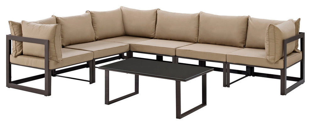 Modern Urban Contemporary Outdoor Patio Sectional Sofa, Mocha Fabric, Set of 7