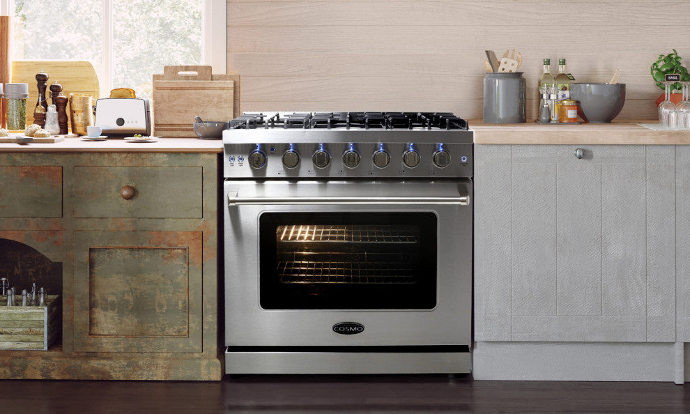 4-Piece, 36" Gas Range, Island Range Hood, 24" Dishwasher and Refrigerator
