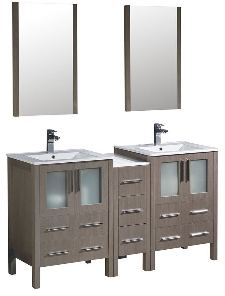 Torino 60" Gray Oak Modern Double Sink Bathroom Vanity, Faucet FFT1030CH
