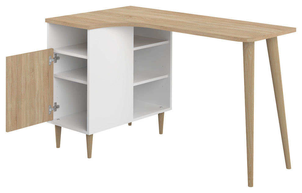 Modern White Small Home Desk With Shelves, White and Oak