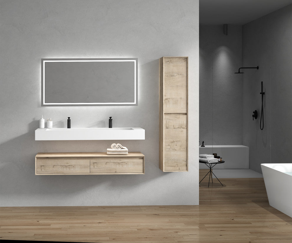 Alysa 60" Floating Bath Vanity, Acrylic Sink/Double Faucet Hole, Light Oak