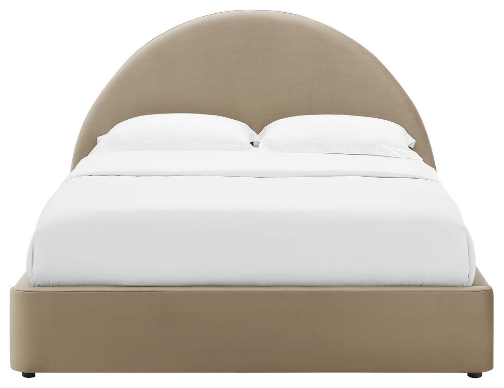 Resort Performance Velvet Arched Round Queen Platform Bed, Taupe