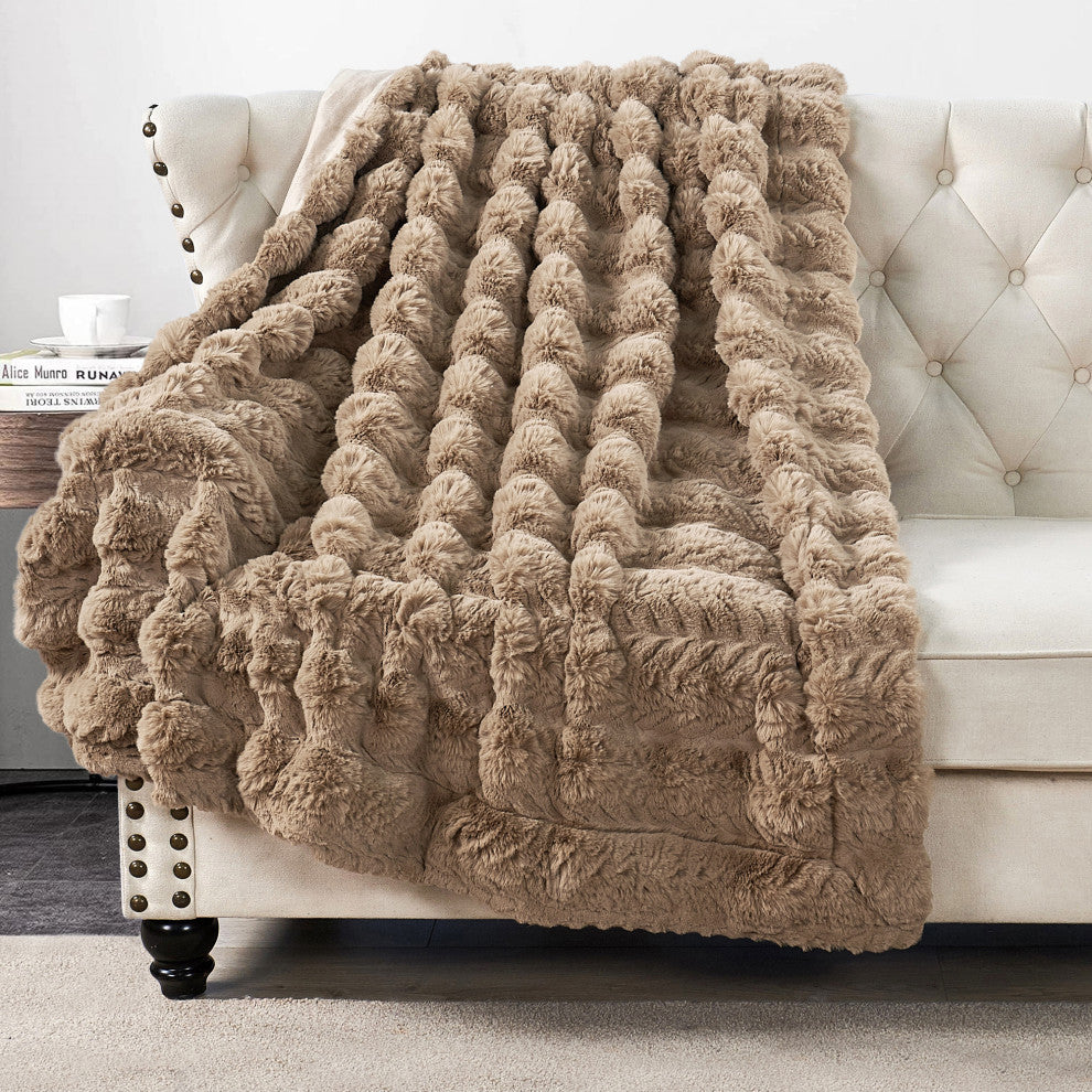Tread Rabbit Faux Fur Throw Blanket, Tan