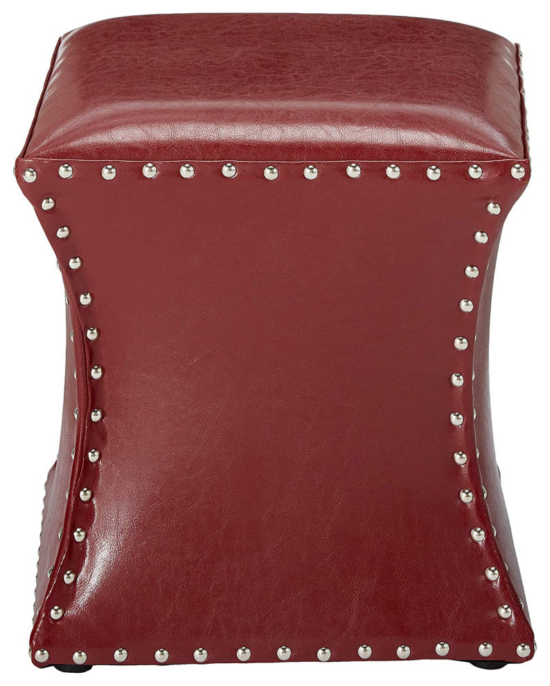 Rylen Nailhead Trim Upholstered Square Stool Ottoman, Red