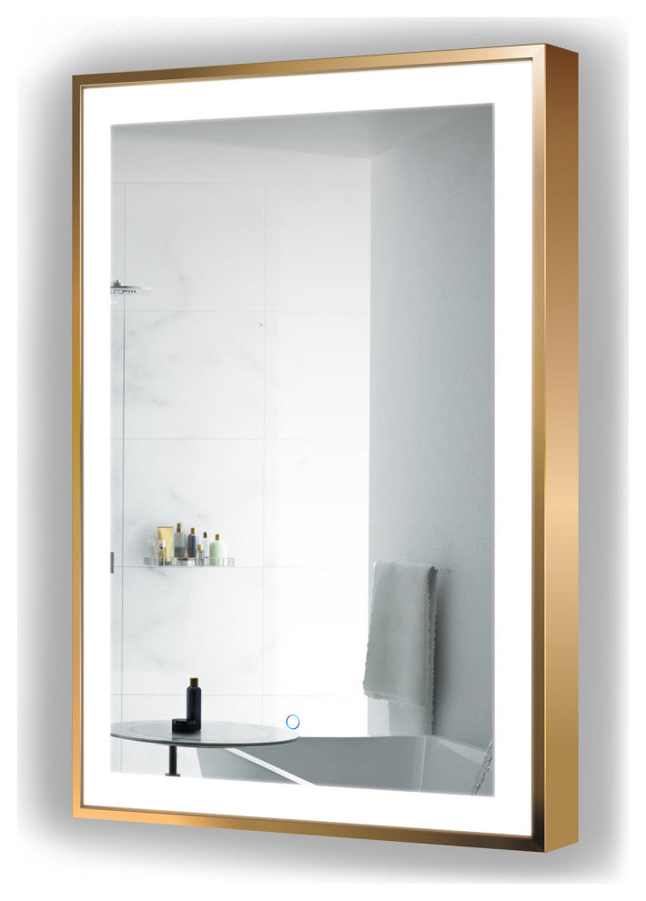LED Lighted Bathroom Frame Mirror With Defogger, Gold, 24"x36"