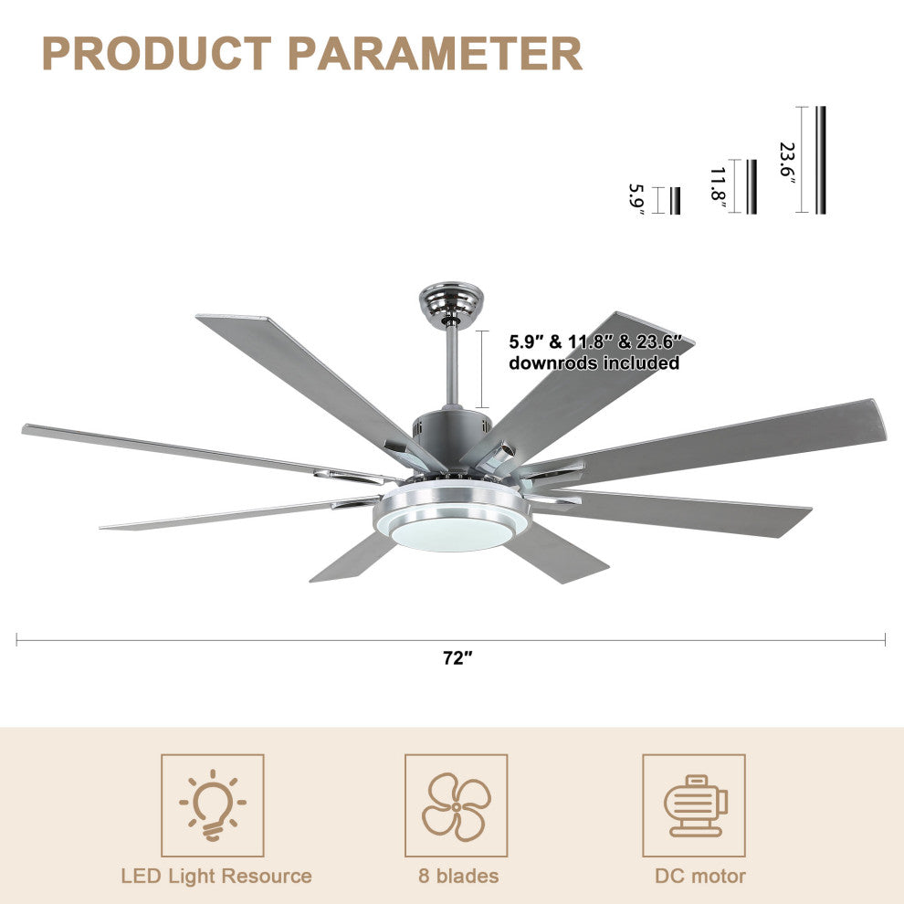 72" Modern Ceiling Fan with Reversible Blades, Dimmable Light and Remote, Chrome, 72"