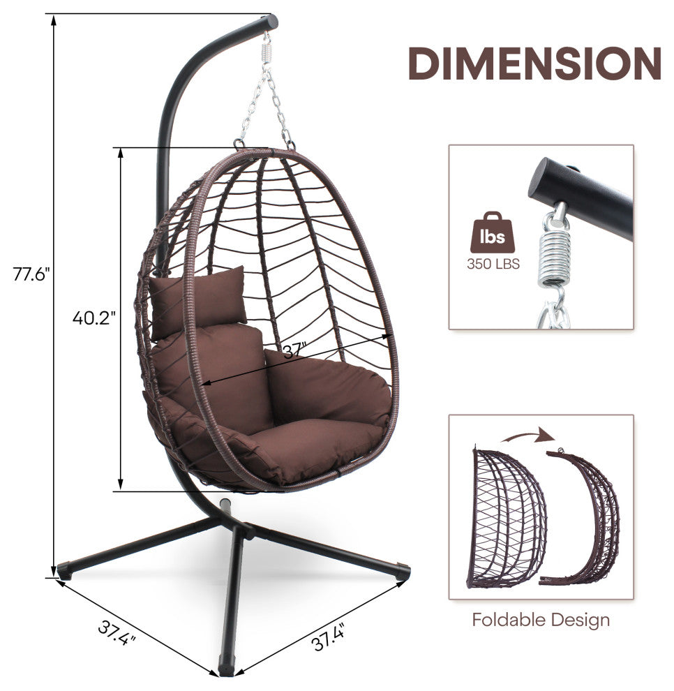 Hanging Egg Chairwith Stand Outdoor Indoor Use Adjustable Height 350lbs Capacity, Brown