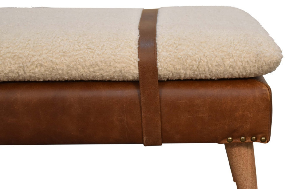 Solid Wood Boucle Buffalo Hide Leather Bench, Cream & Brown