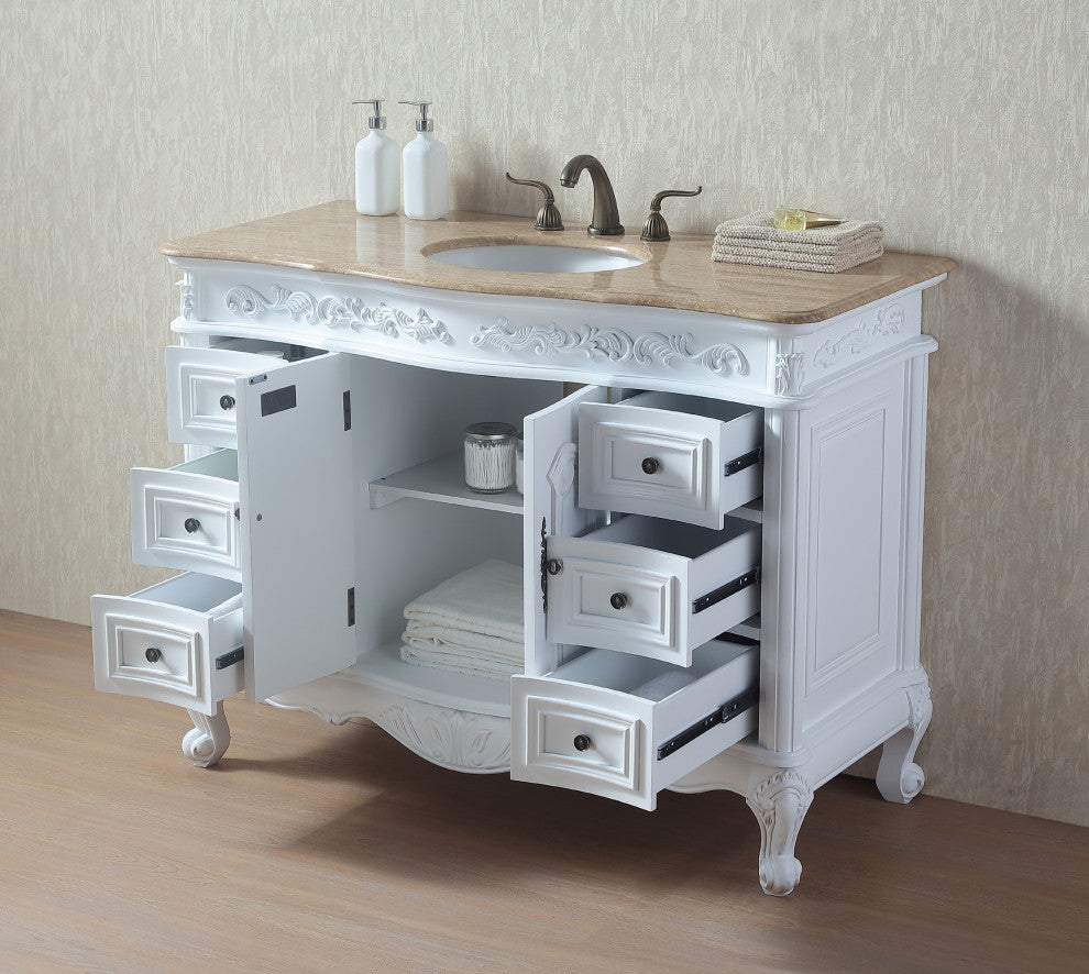 Cassandra 48" Single Sink Bathroom Vanity, White Cabinet, Travertine Marble Top