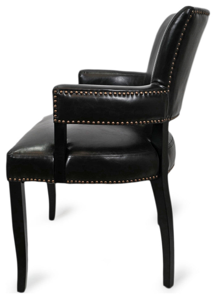 Black Leather and Nailhead Arm Dining Chair