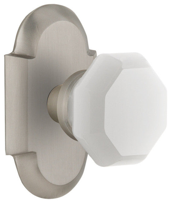 Cottage Plate Privacy Waldorf White Milk Glass Knob, Satin Nickel