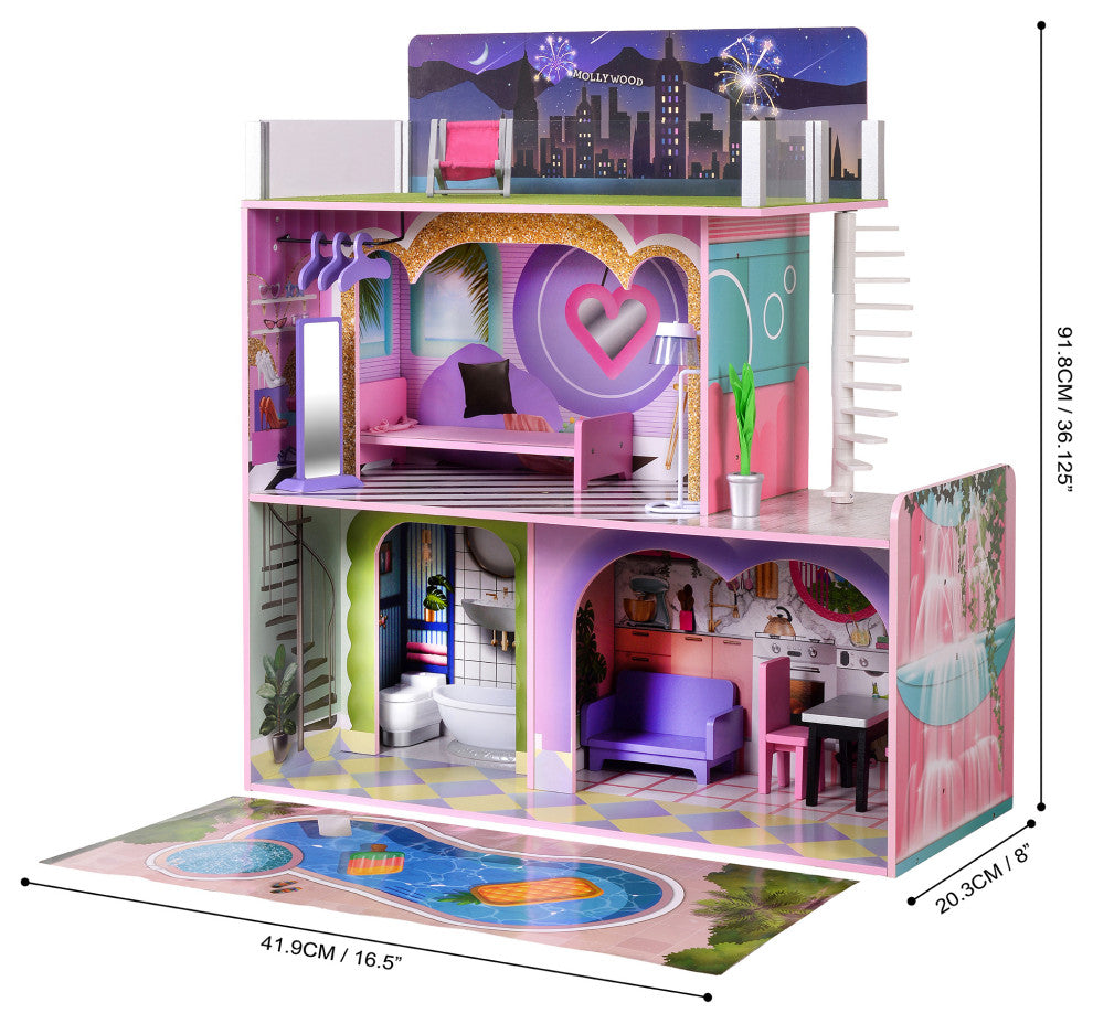 Kids Wooden 3-Level Doll house Set, Dollhouse