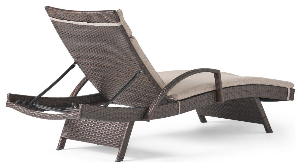 GDF Studio Ann Outdoor Wicker Adjustable Chaise Lounge, Arms With Cushion, Charc
