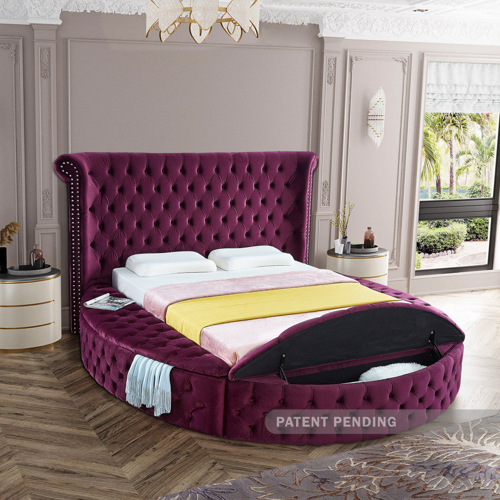 Luxus Button Tufted Velvet Round Bed, Purple, King