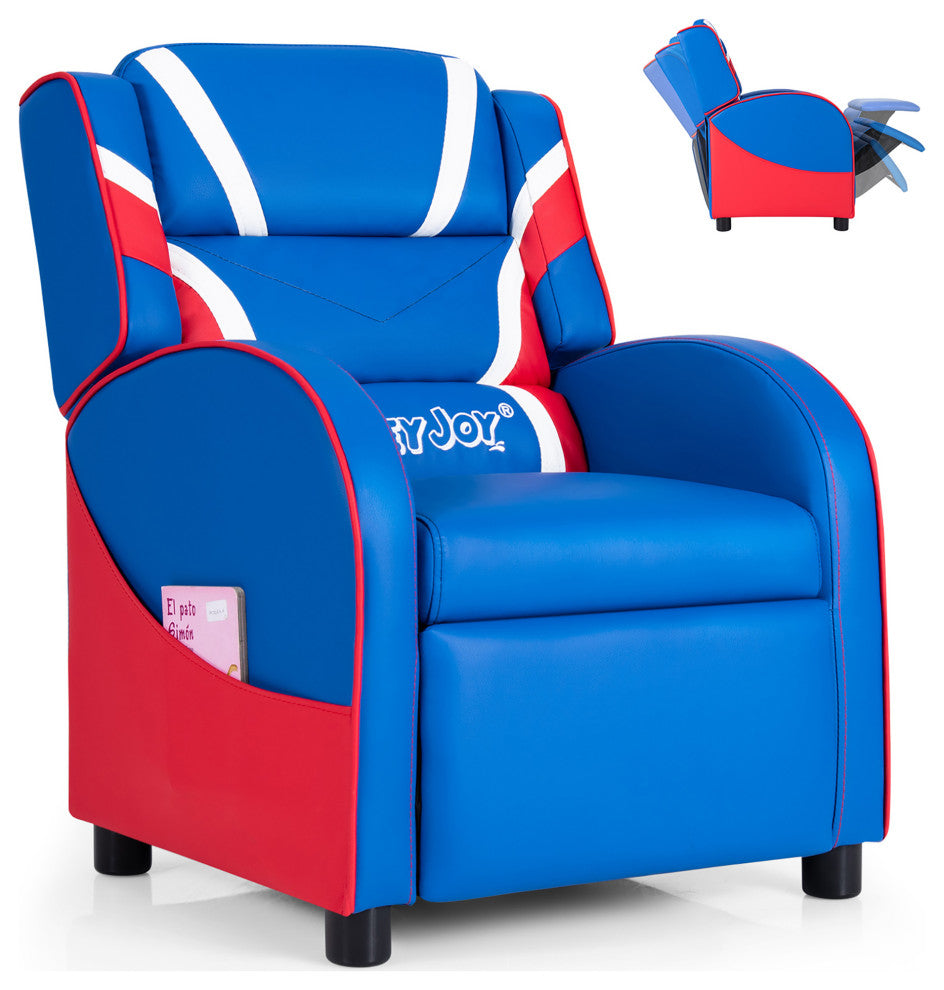 Kids Recliner Chair Gaming Sofa PU Leather Armchair w/Side Pockets Blue