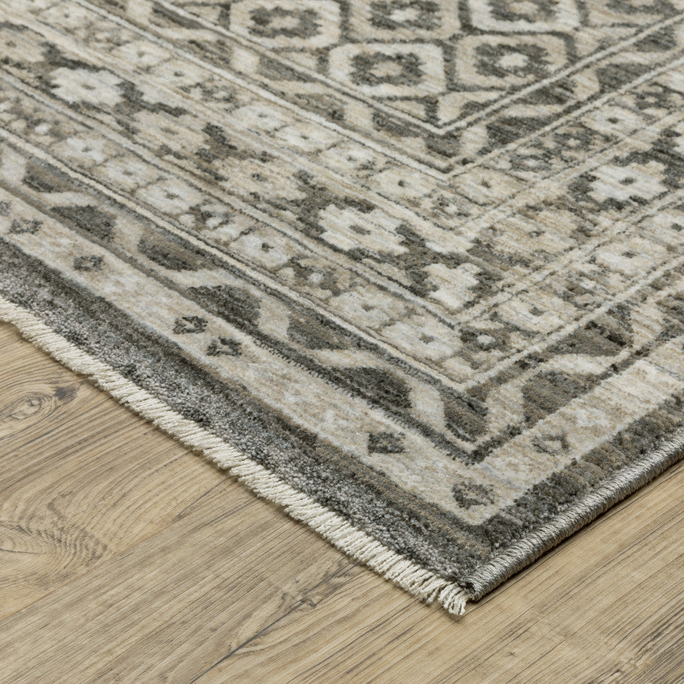 Callum Diamond Panel Grey/Beige Fringe Edge Rug 9'10" x 12'10"