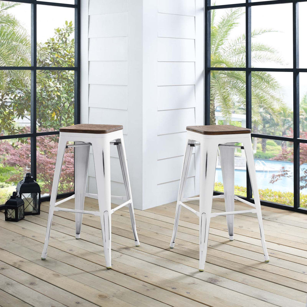 Bar Stool Chair Barstool, Set of 2, Wood, Metal, White, Modern, Bar Pub Bistro