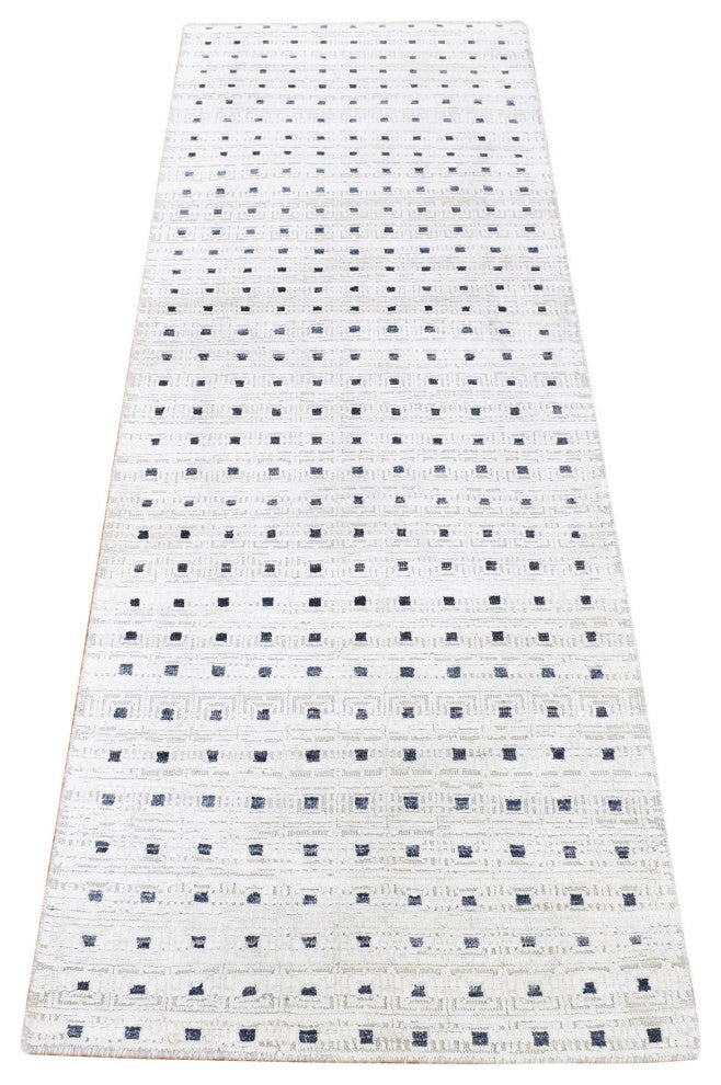 Ivory, Pure Silk With Textured Wool Hand Knotted, Modern Runner Rug, 2'7"x8'1"