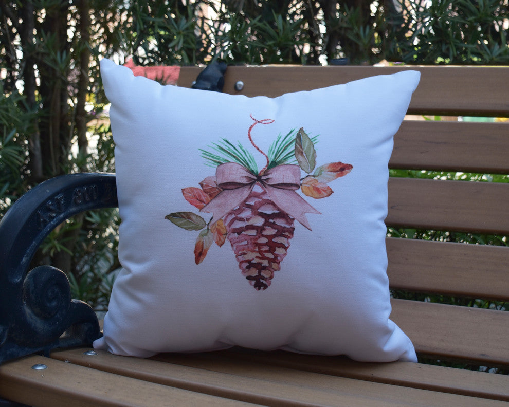 Natural Oranment Holiday Print Decorative Outdoor Throw Pillow, Off White , 16"