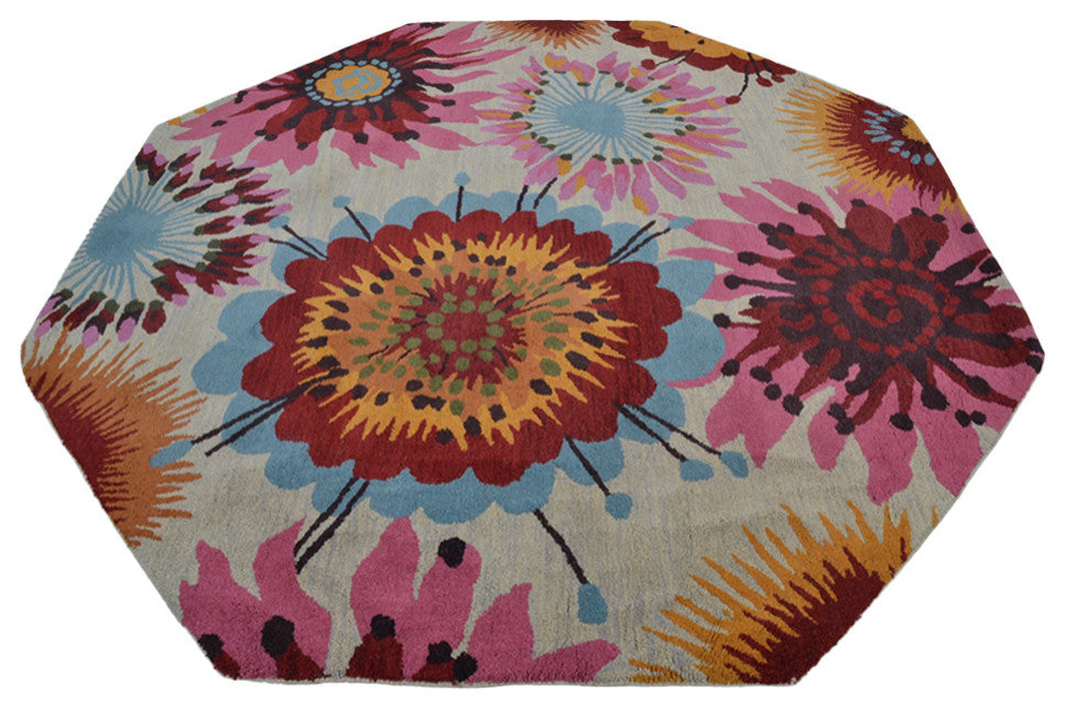 HAND TUFTED WOOL ECO-FRIENDLY AREA RUGS-Octagon,Cream,Floral