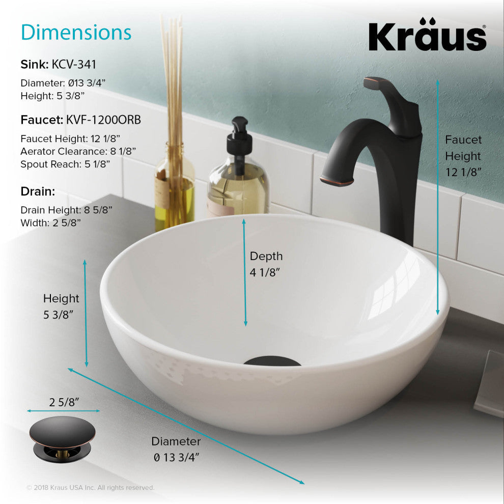 Elavo Round Ceramic Vessel Sink, Bathroom Arlo Faucet, Drain, Oil Rub Bronze