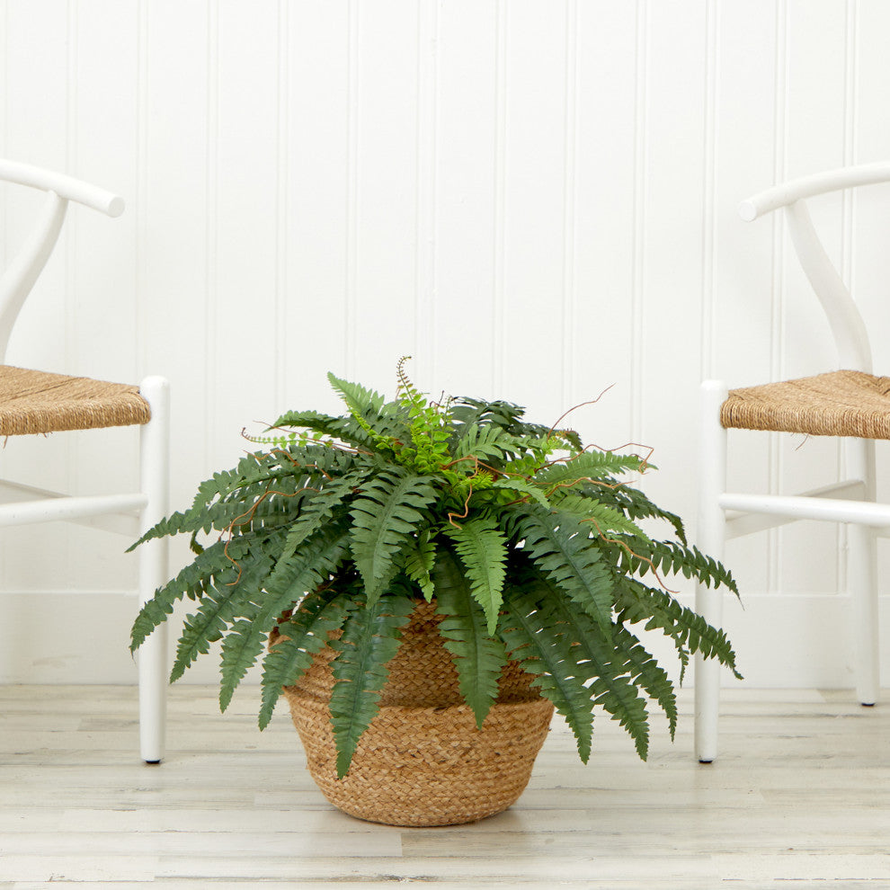 23in. Artificial Boston Fern Plant with Handmade Jute & Cotton Basket DIY KIT