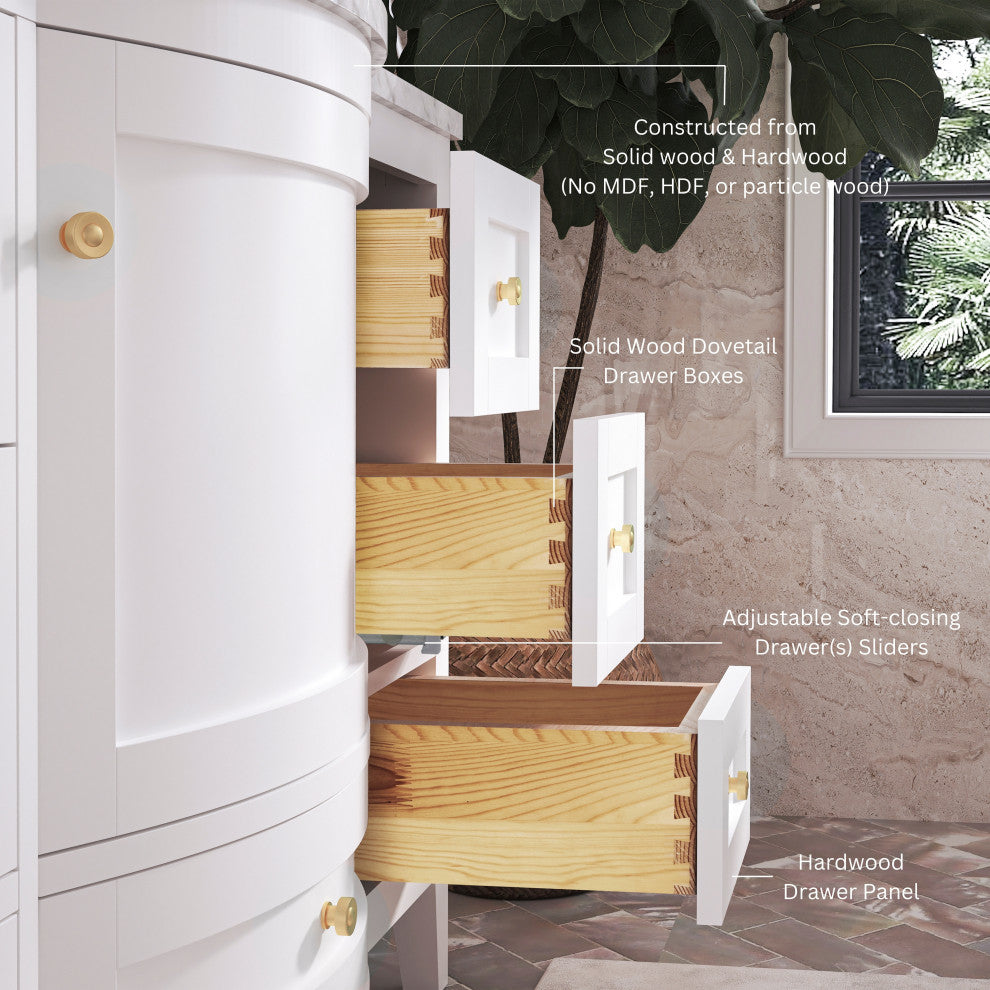Lauren 48" Vanity Set, White, 48", Gold Hardware, Cararra White Marble Countertop and Mirror