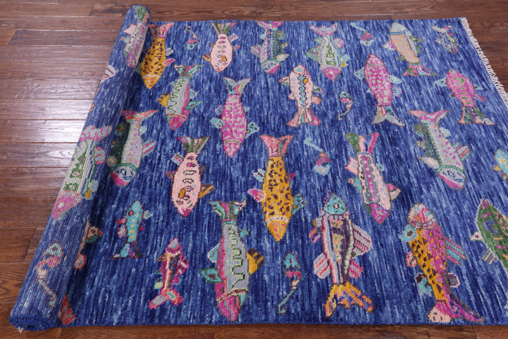 5' 1" X 8' 3" Hand Knotted Gabbeh Fish Design Wool Rug - Q15354