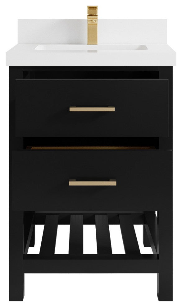 Parker 24" Single Sink Bath Vanity, Black 2" White Quartz
