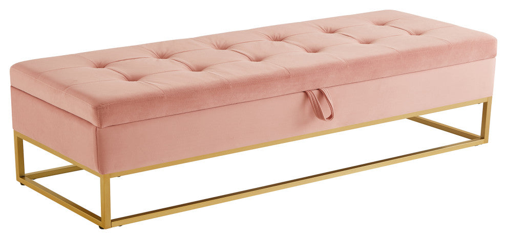 TATEUS Metal Base Bed Bench in Velvet Hidden Storage for Bedroom, Pink