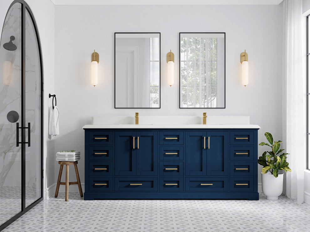 Boston 84 Double Sink Bath Vanity in Navy Blue 1.5" White Quartz