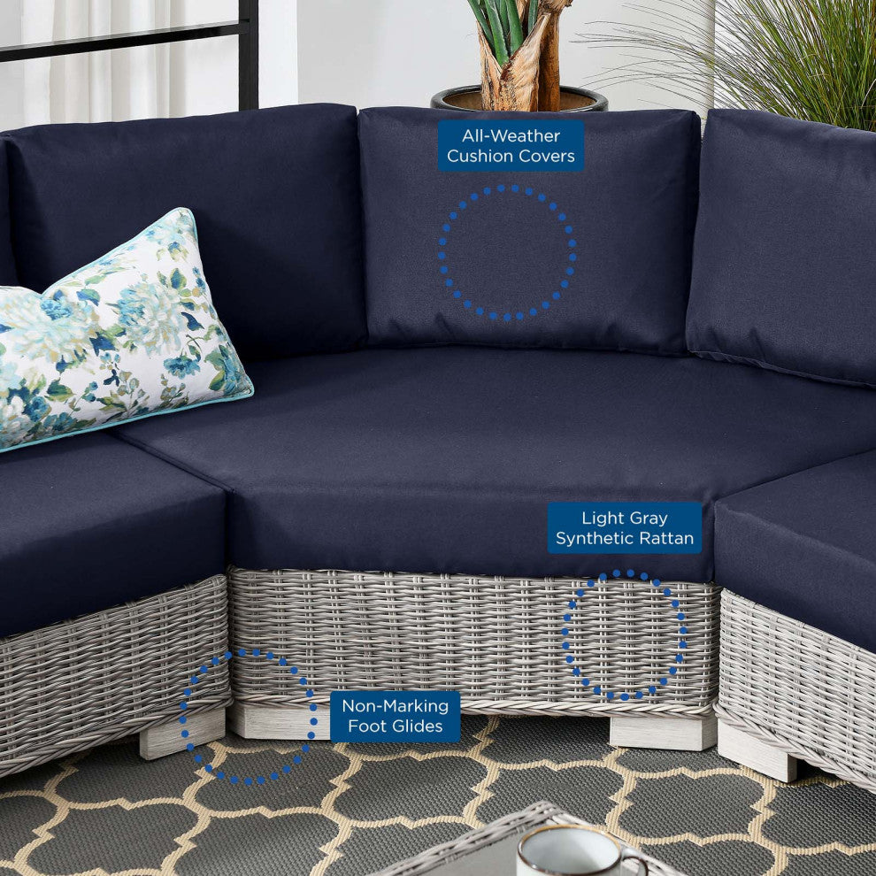 Lounge Sectional Sofa Chair Table Set, Rattan, Gray Blue Navy, Outdoor