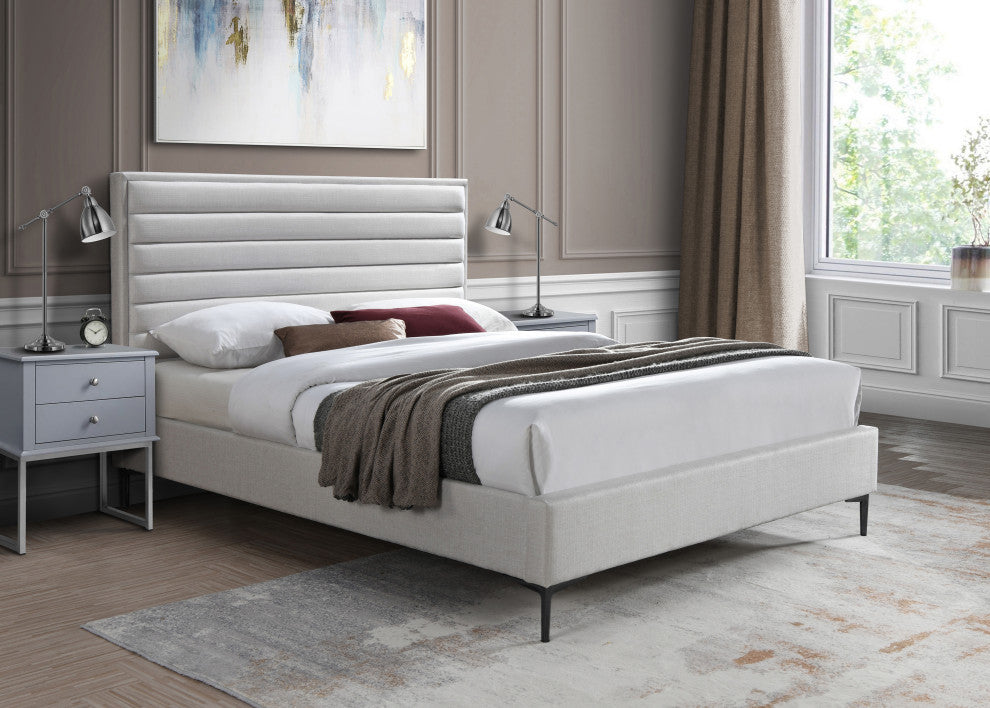 Hunter Linen Polyester Fabric Upholstered Bed, Cream, Queen
