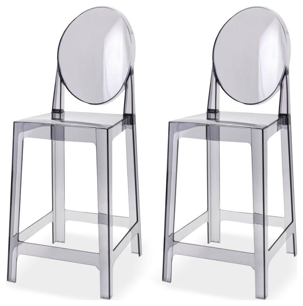 Designer Counter Height Stool With Solid High Back Side Chair Footrest, Smoke, Set of 2