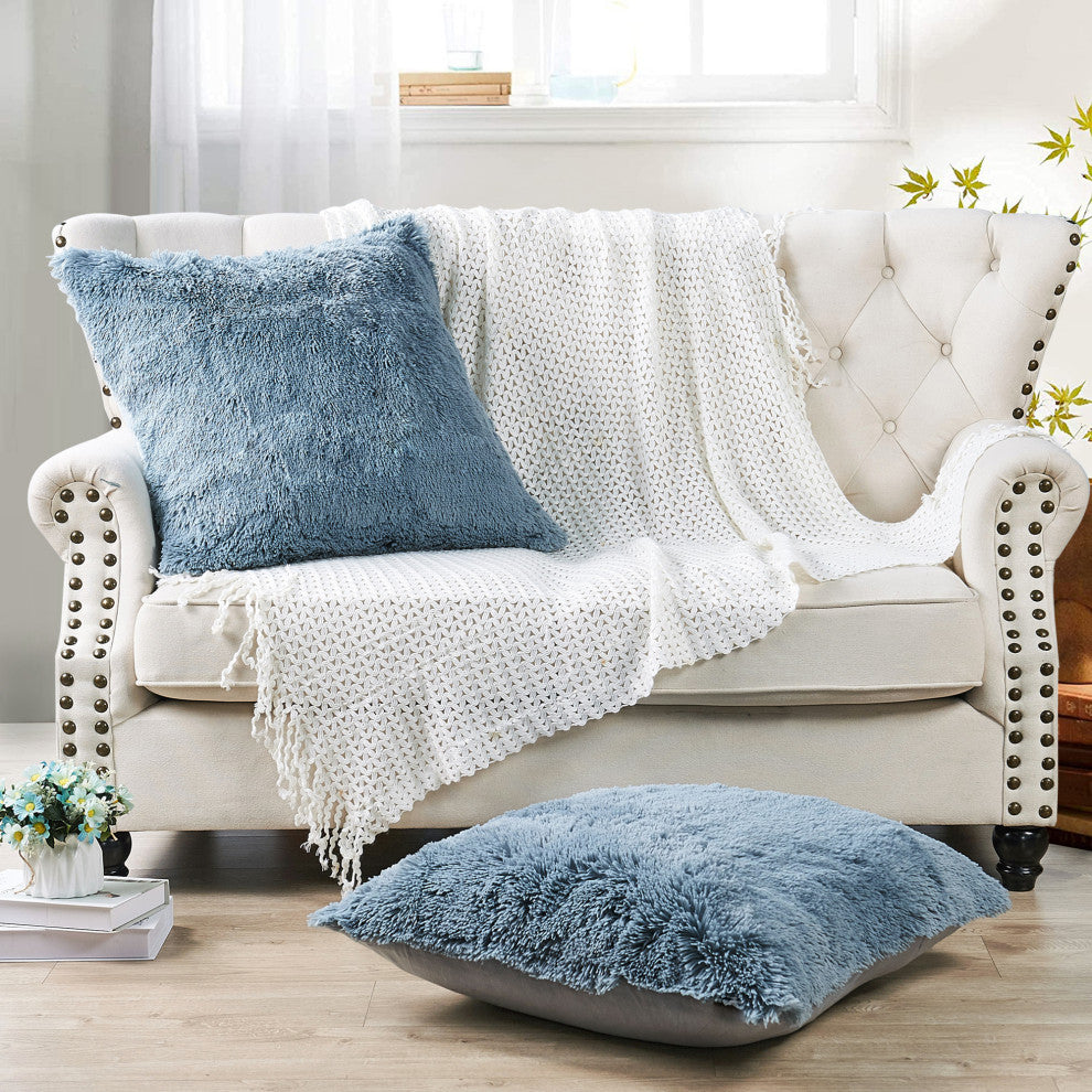 Shaggy Faux Fur Pillow Cover, Silver Blue, Set of 2, 26"x26"