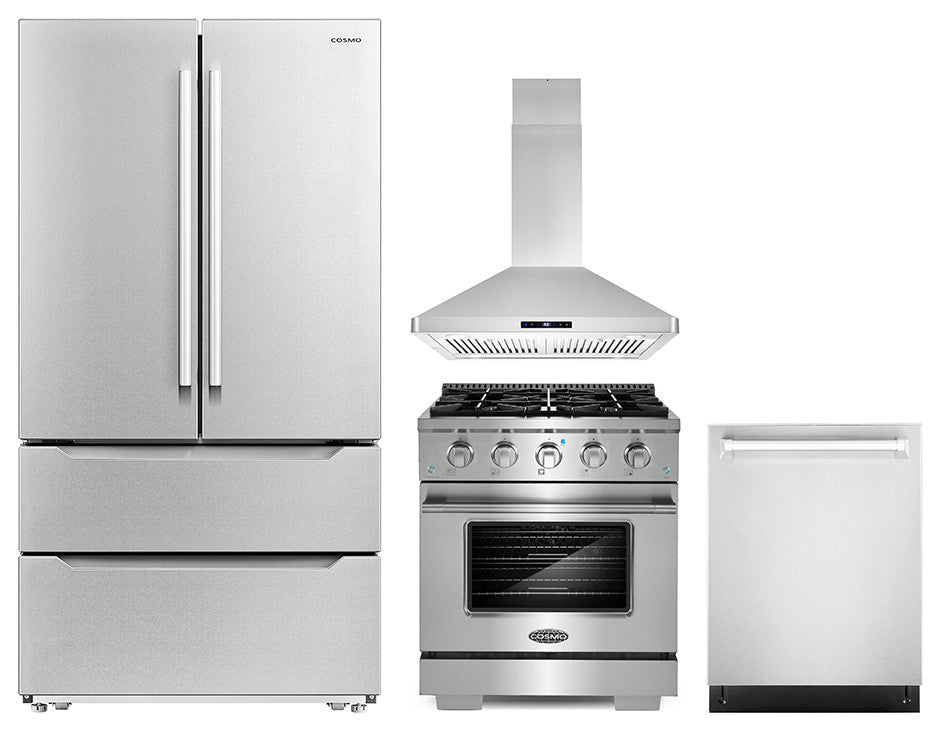 4 Piece, 30" Gas Range 30" Range Hood 24" Dishwasher & Refrigerator