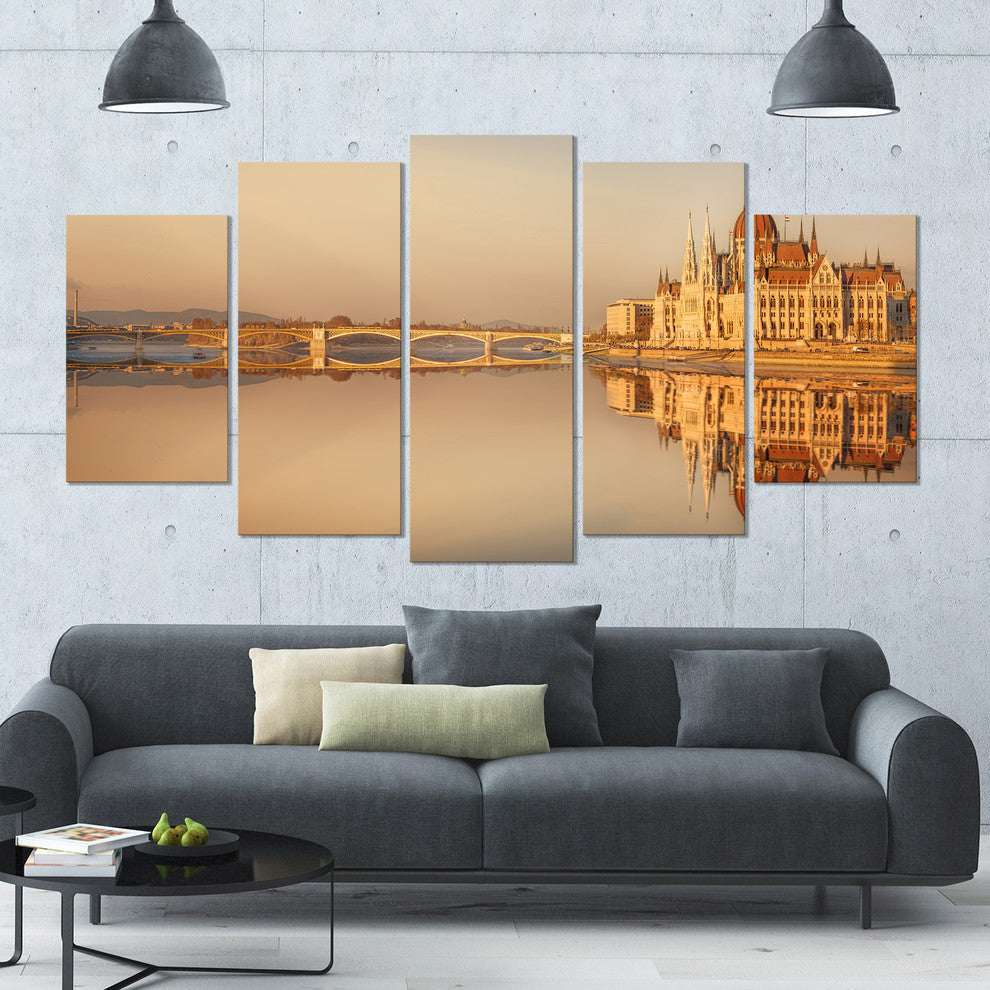 Hungarian Parliament Panorama, Cityscape Canvas Art Print, 60"x32", 5 Panels