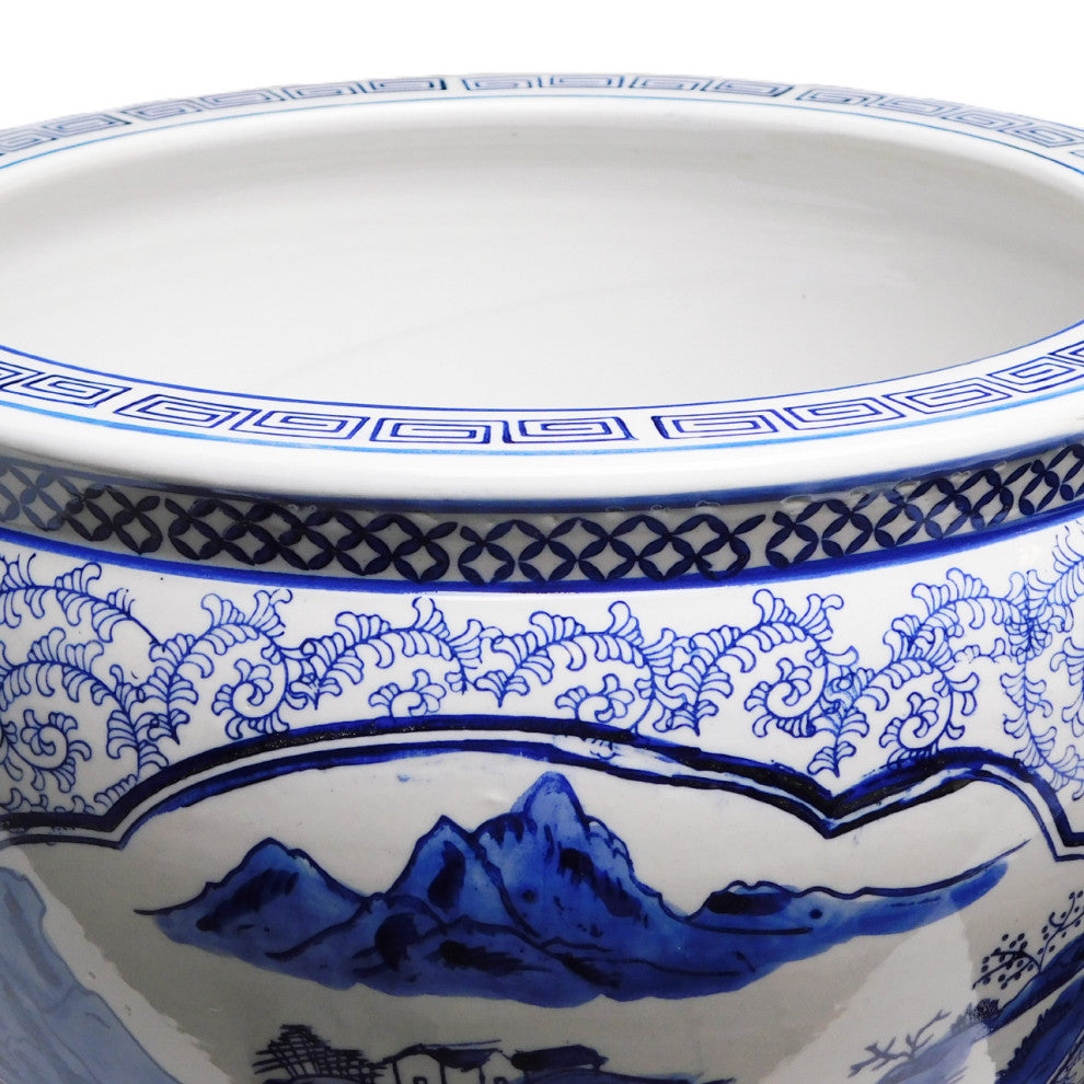 Blue and White Asian Porcelain Garden Pot Painted Landscape, 10