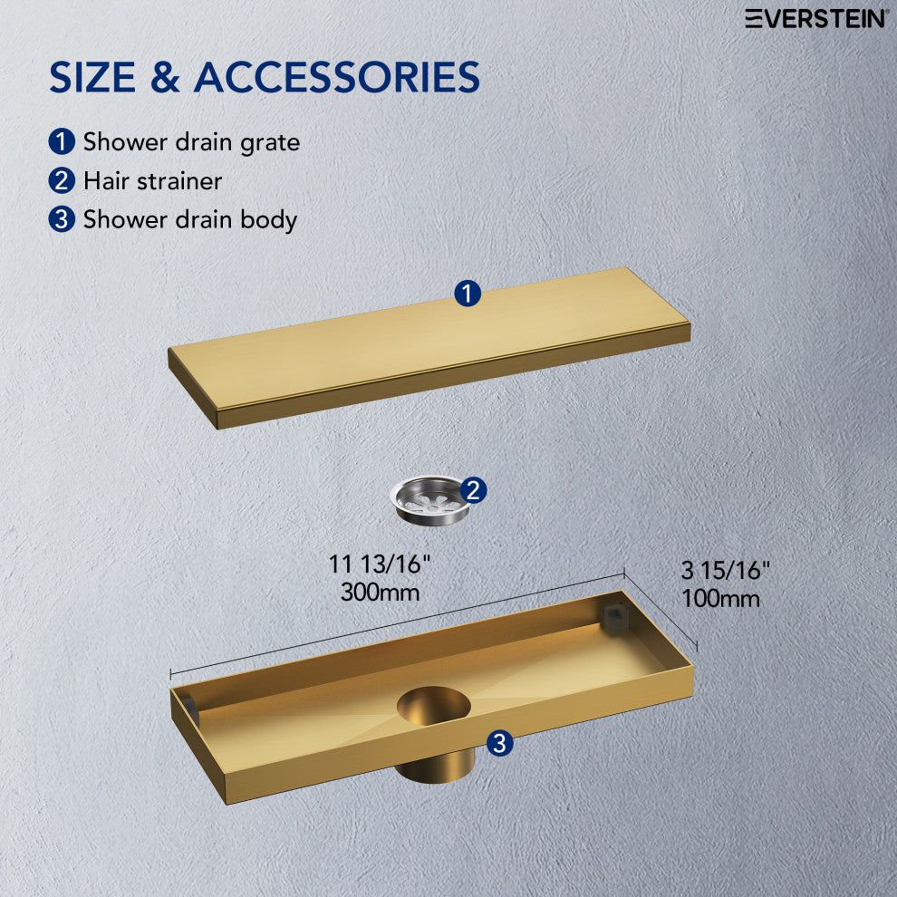 Linear Shower Drain with Hair Strainer and Reversible Tile Insert Cover, Brushed Gold