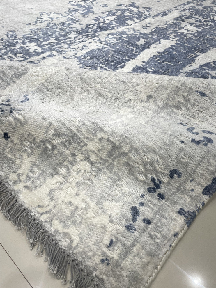Hand-Knotted Wool Ivory/Blue Transitional Modern Modern Rug, 7' X 9'