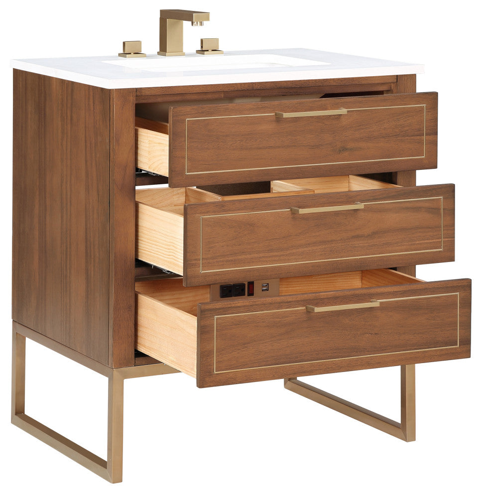 Markham 30" Single Bathroom Vanity Set, Walnut/Satin Brass, Quartz Countertop