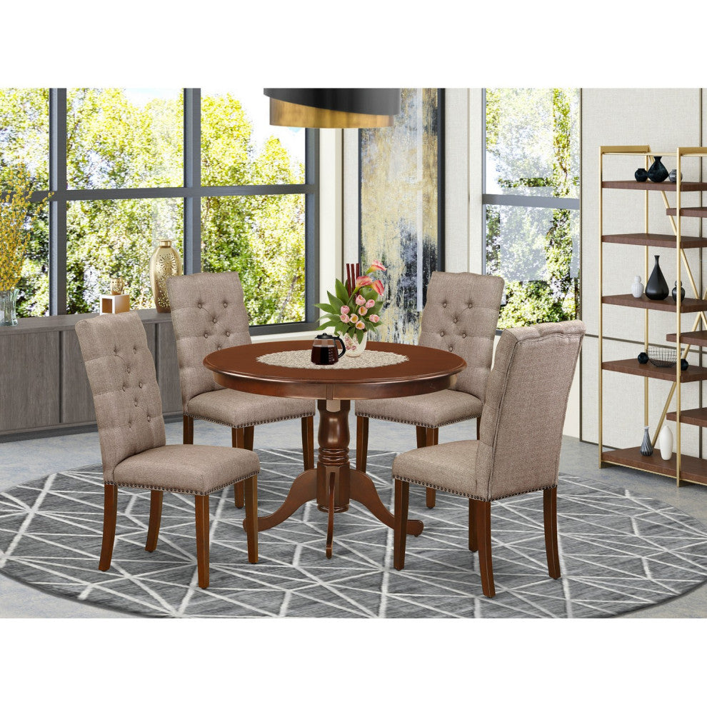 5Pc Kitchen Set 4 Parson Chairs, Round Table Hardwood Structure Mahogany Finish