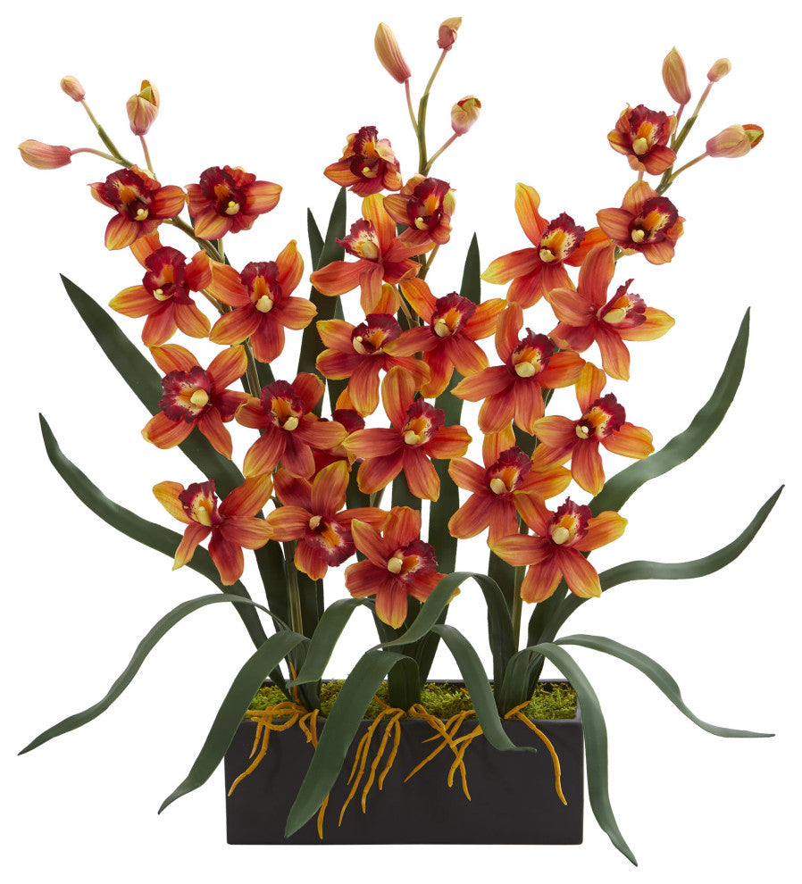 Nearly Natural Cymbidium Orchid Artificial Arrangement in Black Vase