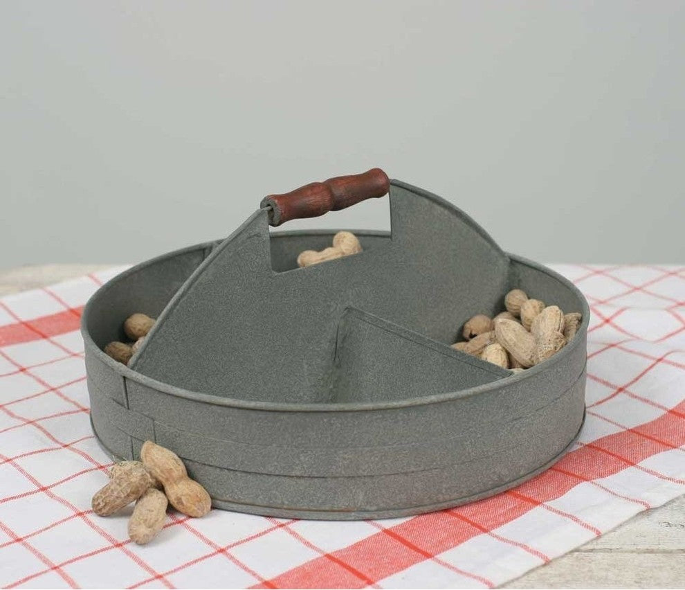 Benzara Galvanized Divided Serving Tray With Wood Handle, Gray